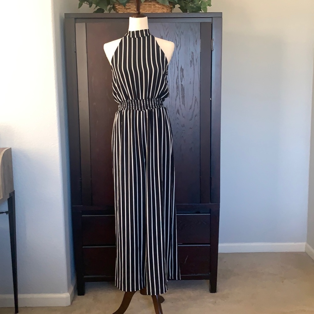 Superfoxx black and white striped halter jumpsuit